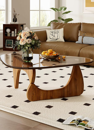CAJCA Mid-Century Modern Coffee Table with Glass Top and Brown/Walnut Wood Base for Living Room