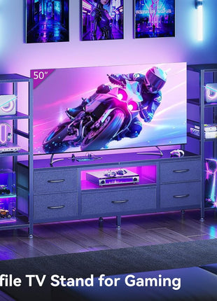 Sleek Low-Profile TV Stand for 40-55 Inch TVs with LED Lighting and Power Outlets, Includes Drawers and Open Shelves for Compact Storage, Perfect for Living Rooms and Gaming, Black