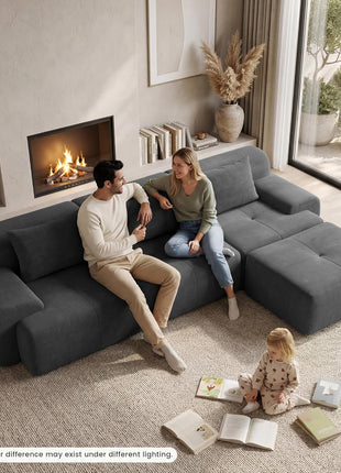 108'' Modular Tufted Sectional Sofa with Ottoman, Deep Seat L-Shape Couch, Dark Grey Corduroy with 3 Throw Pillows - Ideal for Living Room