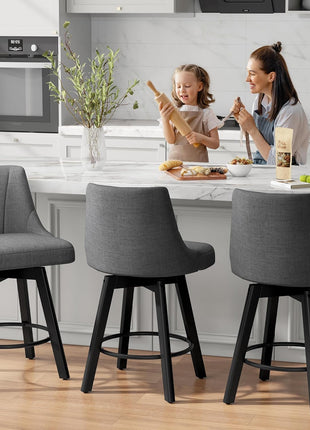 Set of 3 Upholstered 24" Counter Height Swivel Bar Stools with Back and Solid Wood Legs in Dark Gray for Kitchen Island and Dining Room