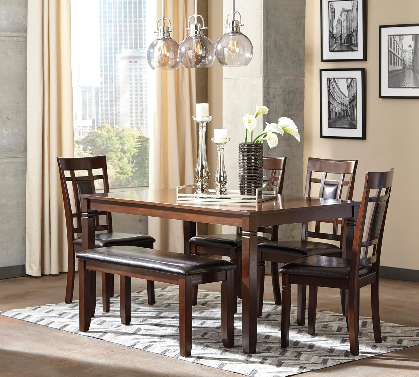 Bennox Dining Room Table and Chairs with Bench (Set of 6), Brown