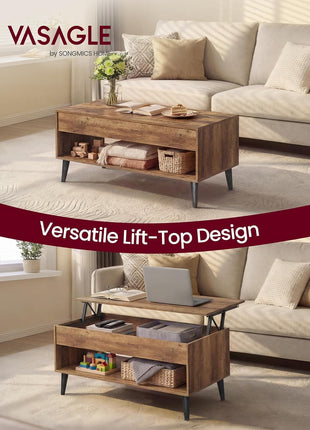 Lift-Top Coffee Table with Gas Spring Mechanism, Concealed Storage Compartment, and Open Shelf for Living Room and Home Office, Honey Brown Finish ULCT268KB01S