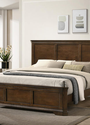 Maderne Traditional King Wood Panel Bed Set with Dresser, Mirror, Two Nightstands, and Chest in Antique Walnut Finish