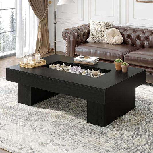 Black Coffee Table, Modern Wood Led Living Room Table with Storage, Unique Large Wide Rectangle Center Table with LED Light, Contemporary Low Tea Table for Bedroom Home Office, 47.24 In, Black Oak