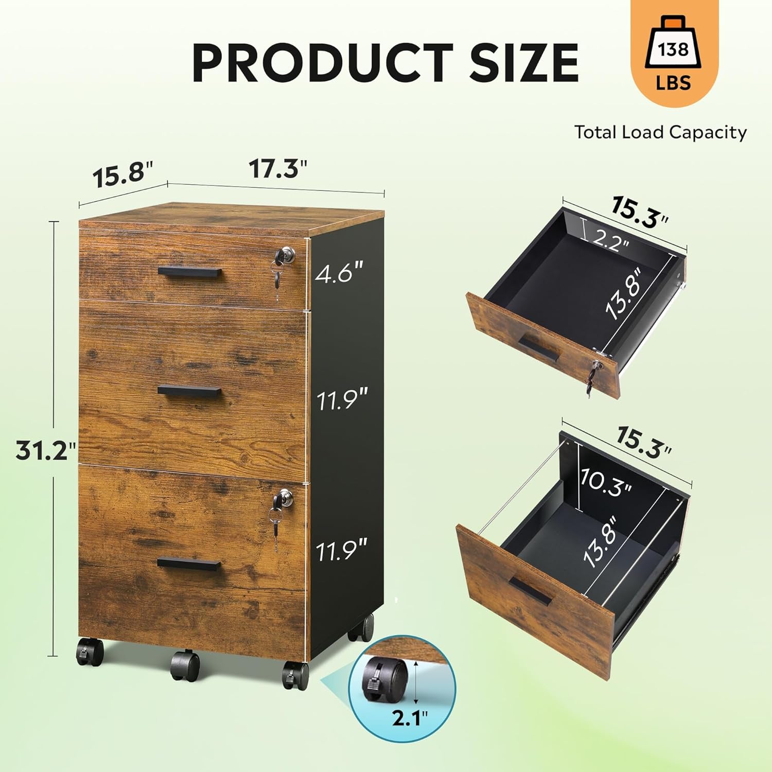 3 Drawer Rolling File Cabinet with Lock, Wood Filing Cabinet Fits Letter / A4 Size for Home Office, Rustic Brown