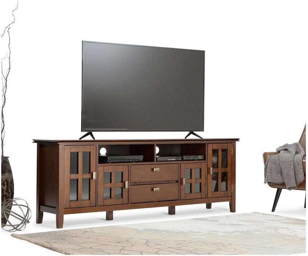 Artisan TV Stand - 53 Inch Wide Solid Wood Tall Media Console in Russet Brown, Contemporary Entertainment Center for Living Room for Tvs up to 60 Inches with Drawers and Cable Management