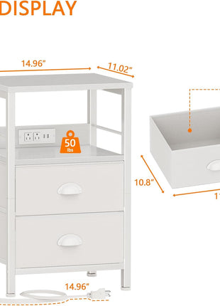 End Table with Built-in Charging Station, Fabric Drawer Nightstand, USB Port and Outlet, Storage Shelf and Hook for Living Room and Bedroom, White
