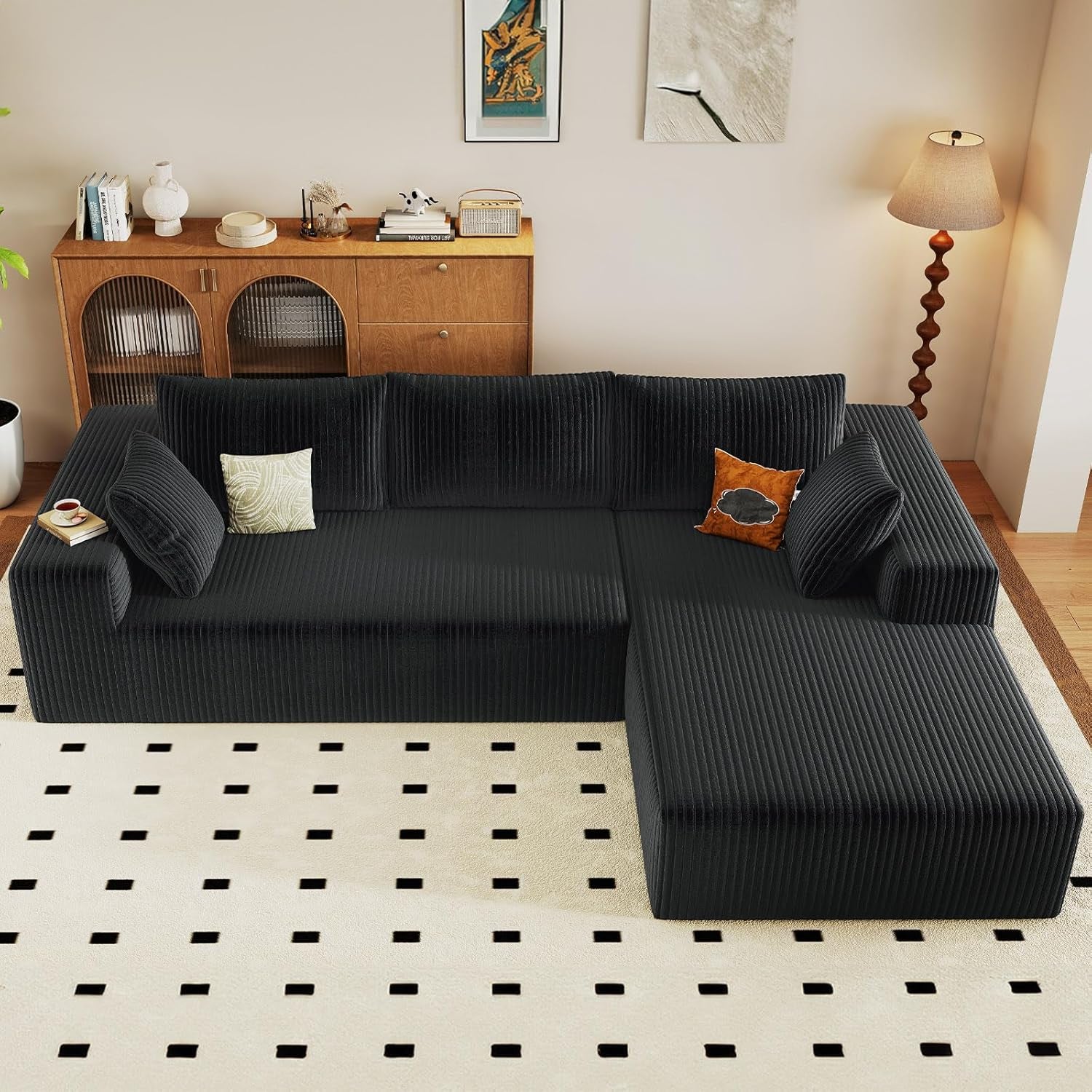 96" Modular Sectional Couch, Boneless L Shaped Cloud Sofa with Chaise Lounge, Corduroy Upholstered Couches Memory Foam Deep Seat, No Assembly Required, Ideal for Living Room(Black, Right Facing)