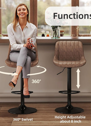Set of 3 Adjustable Swivel Counter Height Bar Stools with Backrest, Modern Armless Design in Light Brown PU Leather