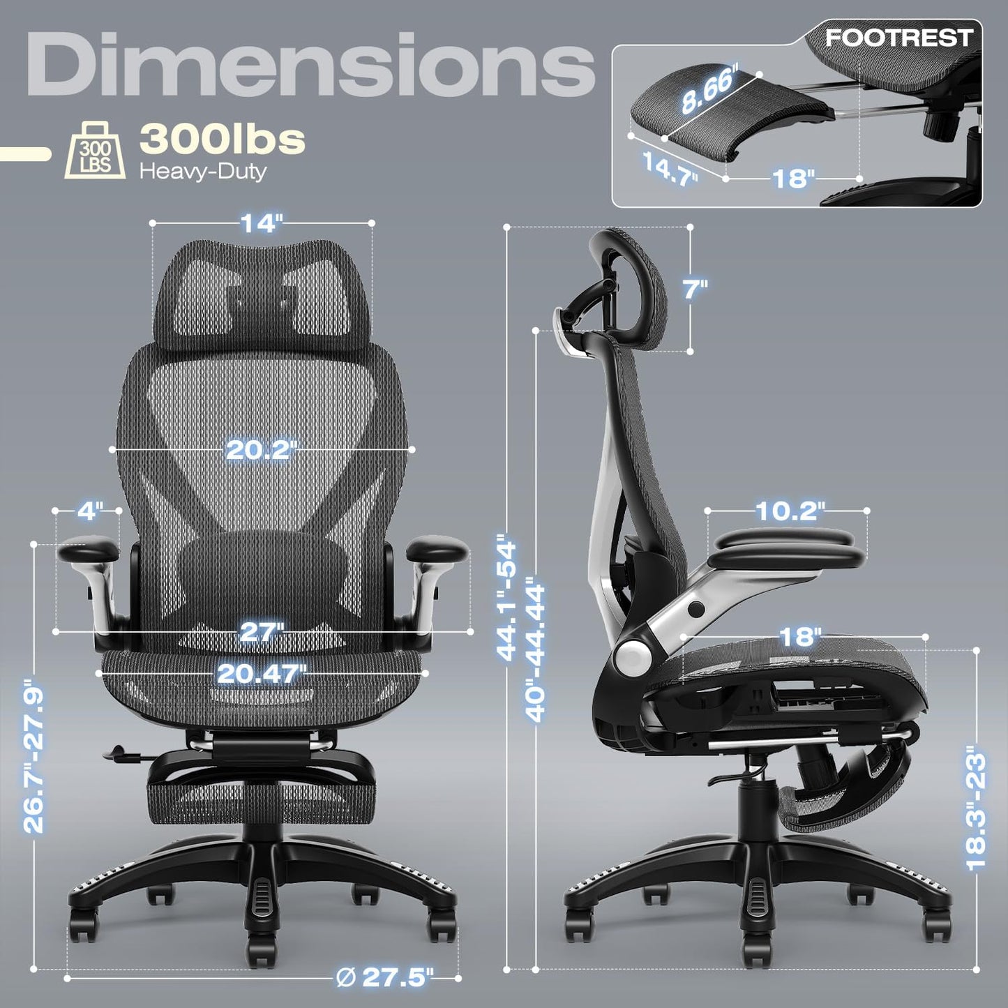 X100 Ergonomic Mesh Office Chair with Footrest, Big and Tall Hone Desk Chair with 5D Flip-Up Arms, Adjustable 3D Lumbar Support,Gaming & Executive Computer Chairs