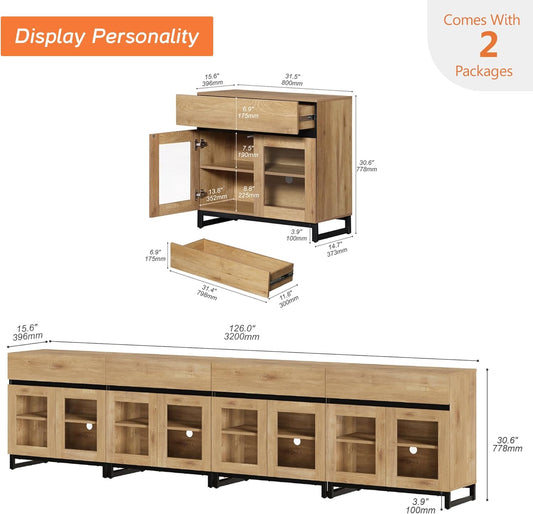 4 in 1 Multifunctional Sideboard Buffet Cabinets with 8 Glass Doors and 4 Drawers, Modern Sideboard Credenza with and Metal Base, Coffee Bar Storage Cabinet for Living Room, Kitchen, Oak