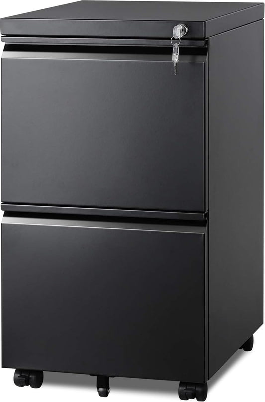 2 Drawer Metal File Cabinet, Fully Assembled, under Desk, Black, Lock, Fits Letter/Legal/A4 Size Files