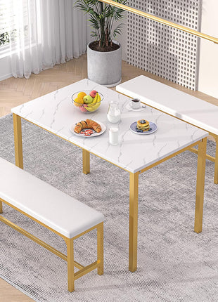 63" Extendable 3-Piece Kitchen Table Set with Benches and Chairs, Modern Dining Solution for 4 to 6, Space-Saving Design, Easy Assembly