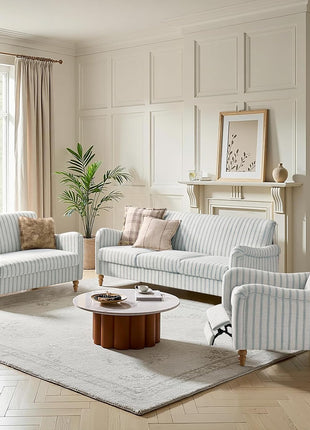 Farmhouse Recliner Armchair with Solid Wood Spindle Legs, Adjustable Backrest and Footrest, Comfortable High Back Single Sofa for Living Room, Blue Striped Design