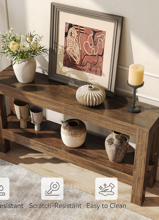 63-Inch Farmhouse-Style Wooden Console Table with Two-Tier Shelves for Living Room, Hallway, and Foyer in Brown Finish
