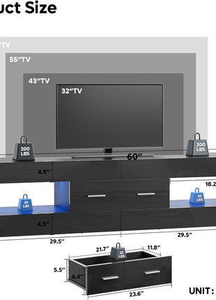Contemporary Black TV Stand for 55-65 Inch TVs, High Gloss Finish with Stone-Patterned Side Panels, LED Entertainment Center with Ample Storage Drawer, Perfect for Living Room and Bedroom