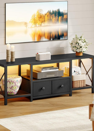 Compact LED TV Stand with Fabric Drawers and Mesh Shelves for TVs up to 50 Inches, Media Console for Living Room and Bedroom, Black DS11DBB