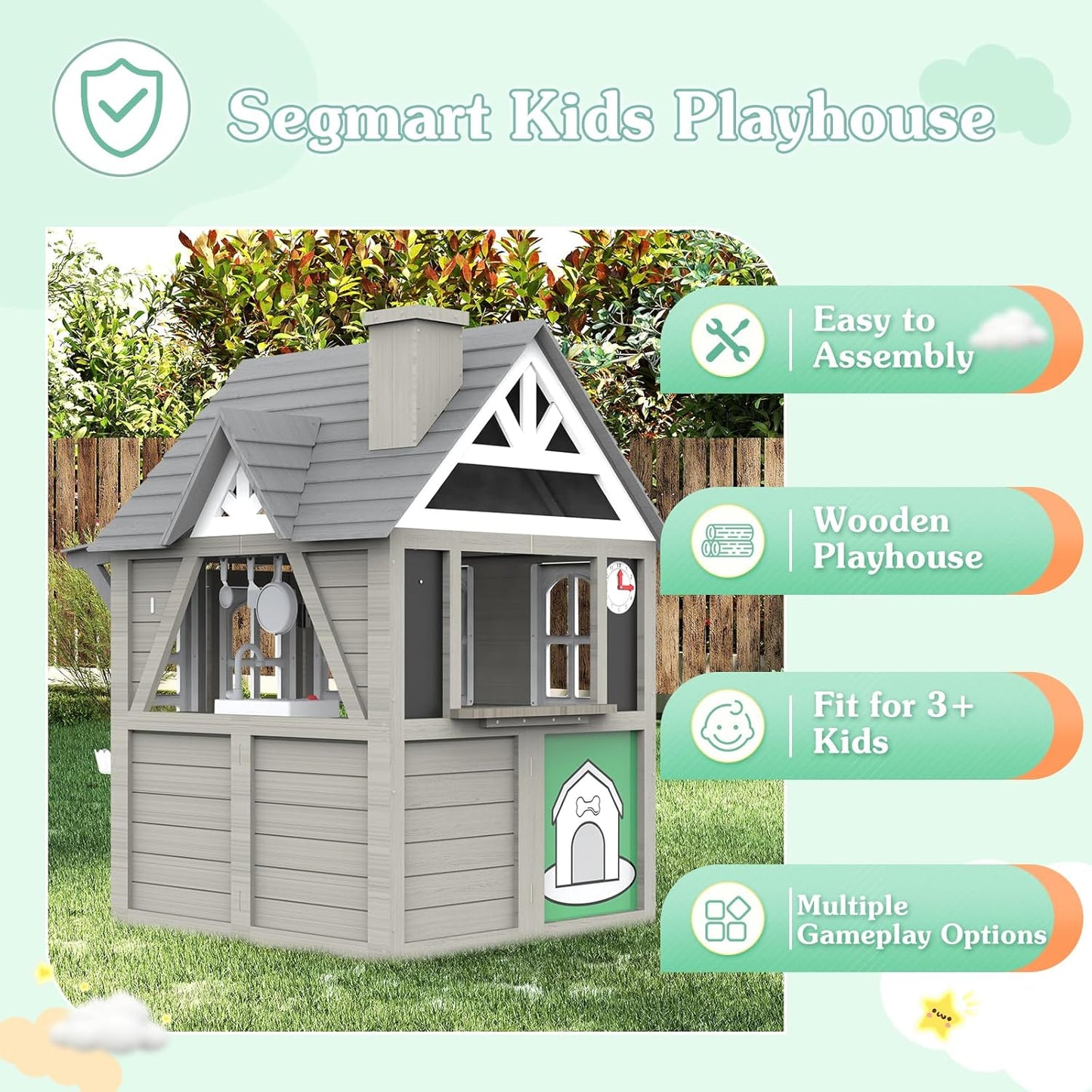 Kids Outdoor Cedar Playhouse, Weather-Resistant Gray Wooden Play House for Ages 3–8 with Play Kitchen, Working Doorbell, Toy Phone & Flowerpots — Durable Backyard Gift for Creative & Social Play