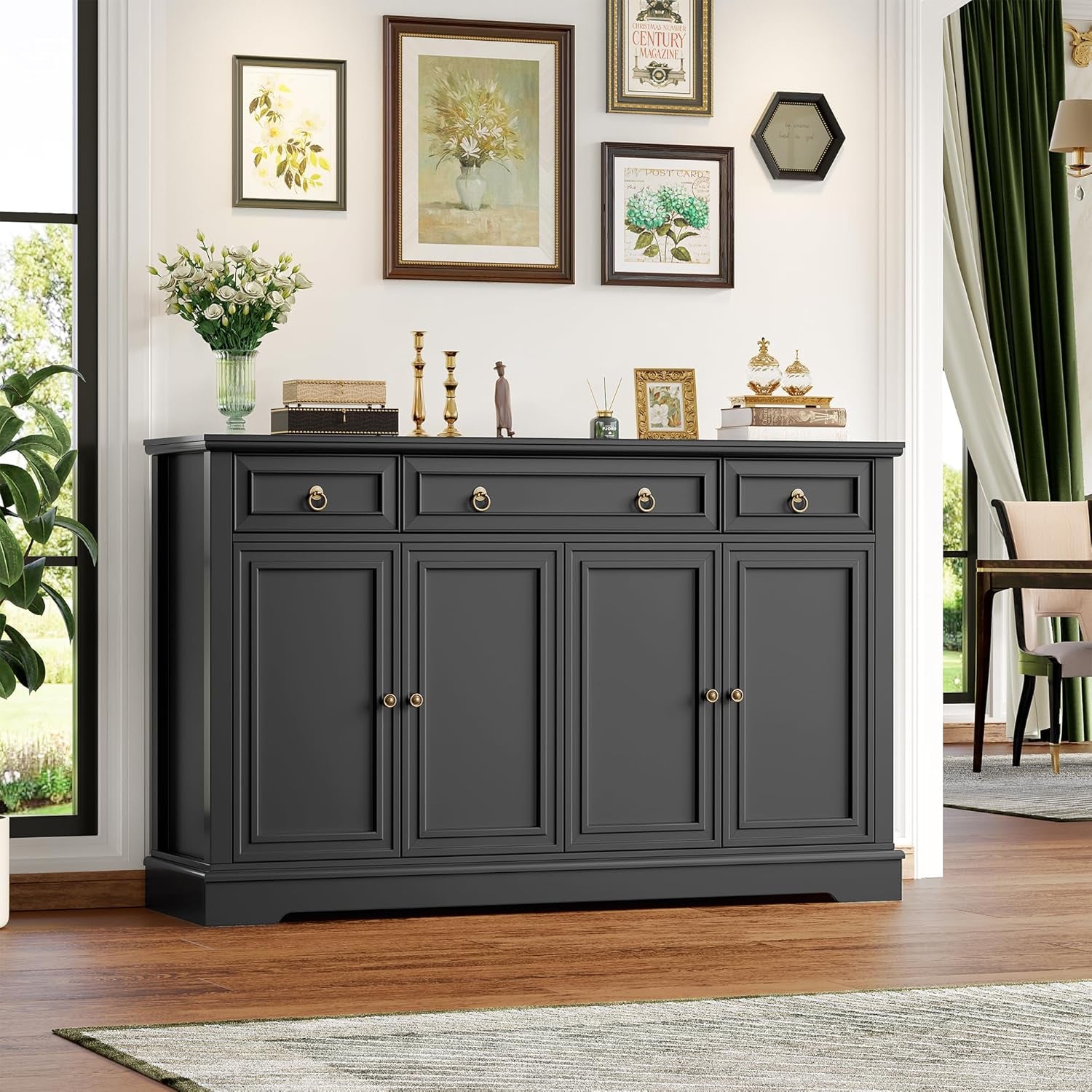Buffet Cabinet with Storage, 52.7" Large Sideboard Buffet Table, Black Kitchen Cabinet with 3 Drawers and 4 Doors, Wood Coffee Bar for Kitchen Dining Room, Black