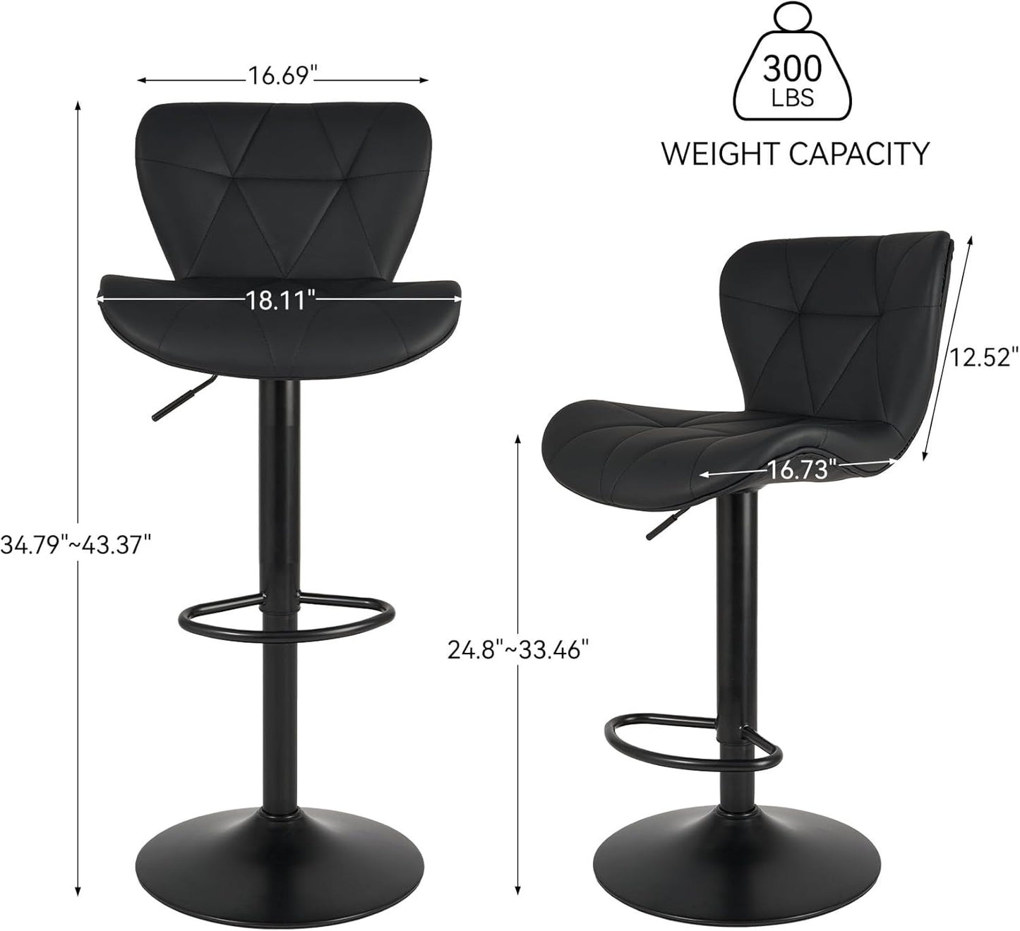 Modern Bar Stools Set of 2, Adjustable Faux Leather Upholstered Swivel Bar Stools, Counter Height Bar Chairs with Back for Kitchen Island, Black