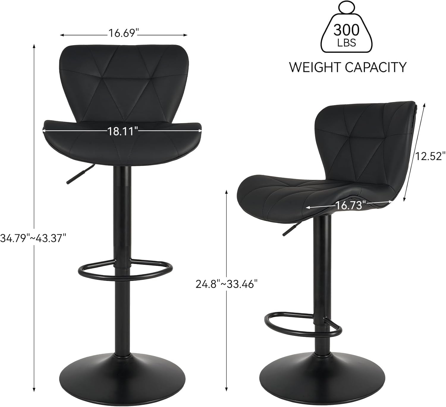 Modern Bar Stools Set of 2, Adjustable Faux Leather Upholstered Swivel Bar Stools, Counter Height Bar Chairs with Back for Kitchen Island, Black