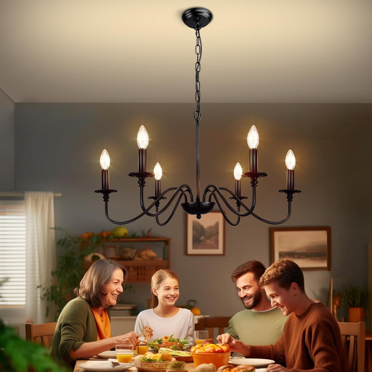Farmhouse Chandelier for Dining Room: 6-Light Black Industrial Kitchen Island Pendant Light Fixture - Rustic Candle Chandeliers Vintage Modern Hanging Ceiling Lamp for Bedroom Foyer