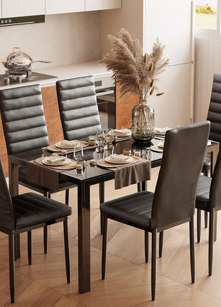 7-Piece Contemporary Dining Table Set for Six with Tempered Glass Top in Black - Perfect for Home, Kitchen, Living Room, and Dining Room
