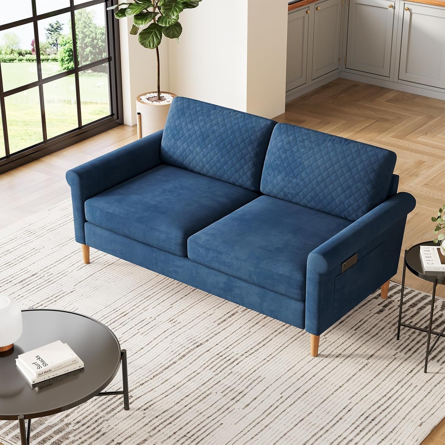 65" Blue Loveseat, Comfy Mid-Century Modern 2-Seat Sofa, No-Tool Assembly Small Couch for Living Room & Bedroom