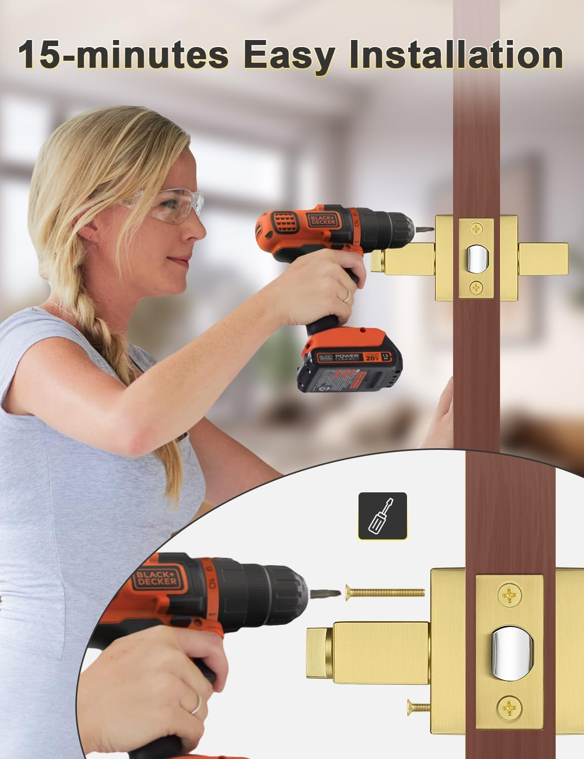 10 Pack Heavy Duty Gold Square Privacy Interior Door Levers, Satin Brass Finish, Bedroom and Bathroom Door Handles Keyless Bed/Bath Lockset