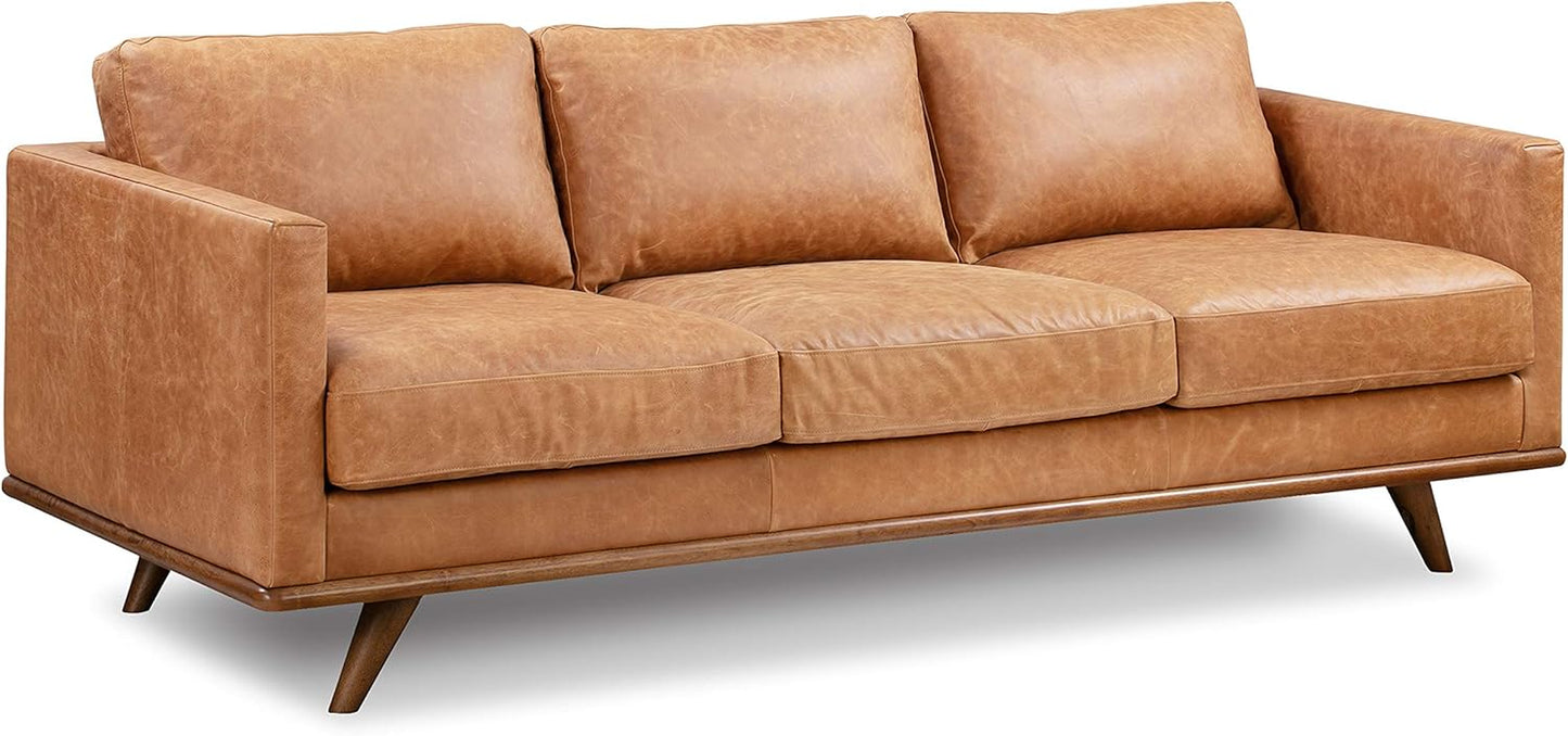 Nolita 85” Leather Sofa – Full-Grain Italian Aniline Leather, Feather-Down Comfort, Solid Wood Base – Cognac Tan