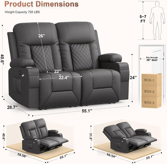 RV Loveseat Recliner Sofa, Reclining Loveseat Wall Hugger Recliners with USB Ports, Cup Holders, Insert Pockets, RV Recliners for Travel Trailers & Living Room, RV Furniture | RV Couch | Gray