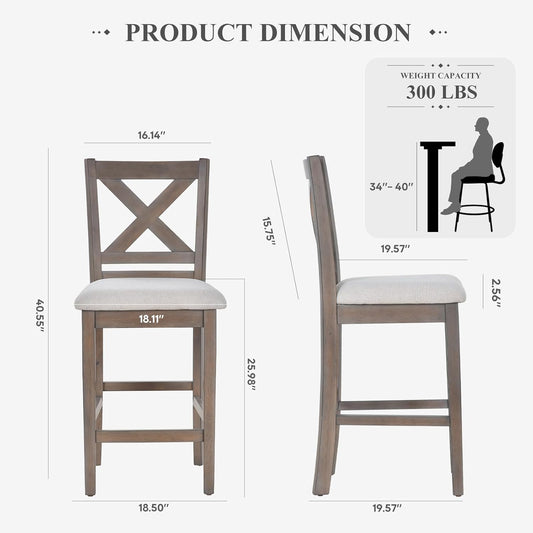 Upholstered Counter Height Bar Stools Set of 4, Modern Kitchen Island Barstools Chairs with Cross Back and Wood Legs for Dining Room Bar, Light Brown Wash