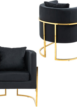 Set of 2 Modern Velvet Accent Chairs, Upholstered Mid-Century Barrel Armchairs with Cushions for Living Room, Comfortable Vanity Chairs with Gold Metal Legs for Bedroom, Black