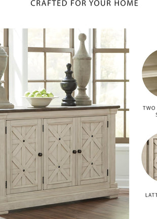 Bolanburg French Country Dining Room Server by Signature Design by Ashley, Featuring 3 Doors and 2 Adjustable Shelves, Wood Construction, Dimensions: 57.88" W x 18.13" D x 36" H, Elegant Two-Tone White and Brown Finish