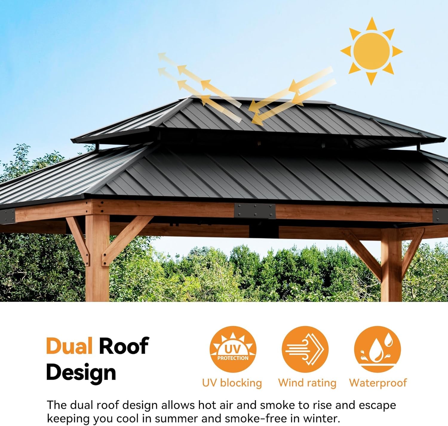 Modern Shade Rosewood Wood Gazebo 12' X 16', Cedar Framed Grill Gazebo with Double Galvanized Steel Roof, Permanent Hardtop Pavilion with Sturdy Hooks for Garden, Backyard, Patio, and Deck