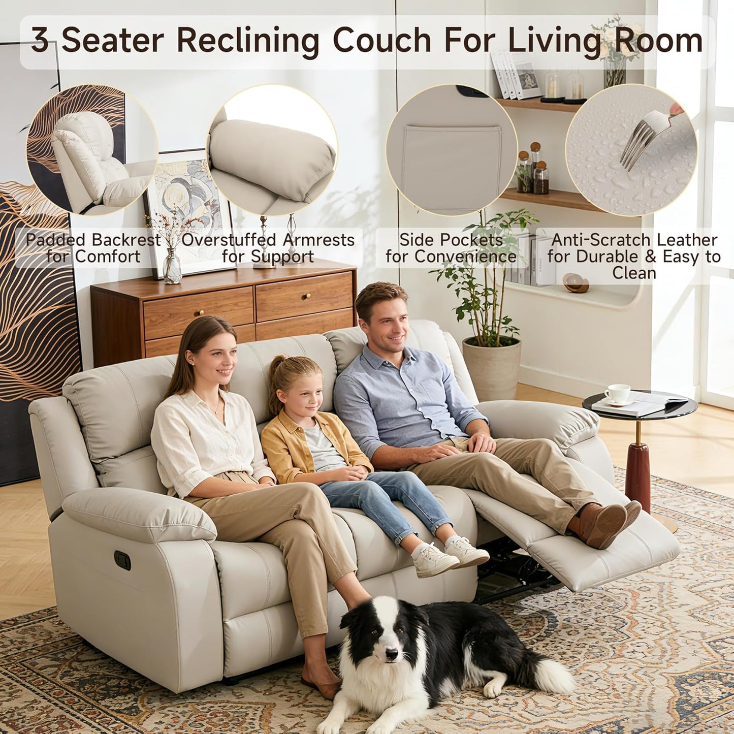 Manual Recliner Sofa, 3 Seater Reclining Couch with Side Pocket for Living Room, RV, Home Theater(3 Seat,Beige)