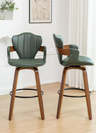 Set of 2 Mid-Century Modern 30-Inch Swivel Bar Stools with Arms, Green Faux Leather Upholstery and Walnut Wood Frame, Fishtail Back Design
