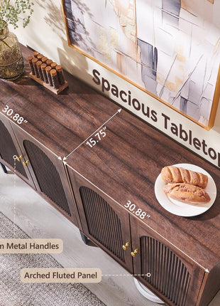 Modern Buffet Cabinet with Storage - 61.75" Fluted Arched Sideboard with Adjustable Shelves, Wooden Modular Coffee Bar for Dining Room, Kitchen, Living Room, and Entryway in Brown