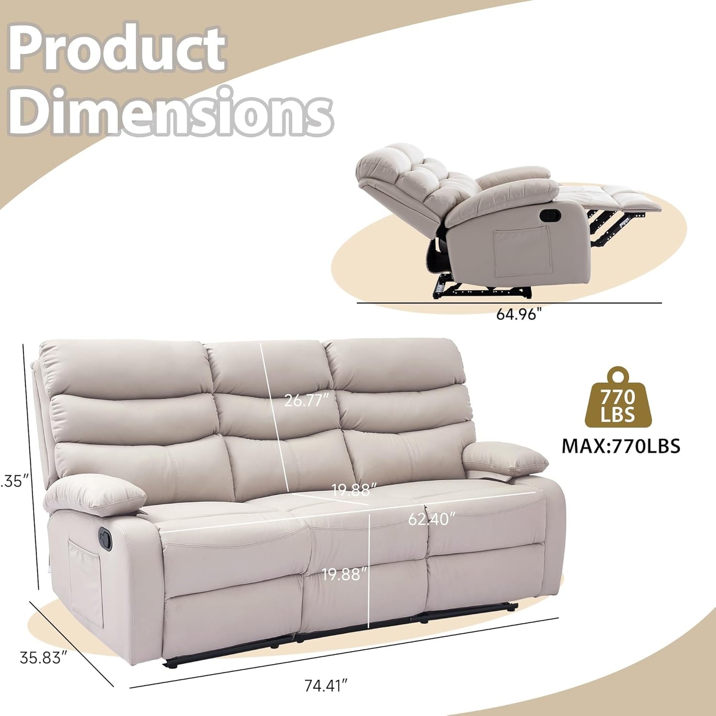 Manual 3 Seat Reclining Sofa Leather 3-Seater Manual Reclining Couch with Overstuffed Arms 3 Seater Couch Recliner Hidden Storage for for Living Room RV Home Theater Apartment Beige