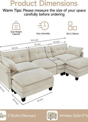 Modular U-Shaped Corduroy Sectional Sofa - 111.5" Comfortable 3-Seater with Two Movable Ottomans, Versatile Modern Deep Seat Design in Beige