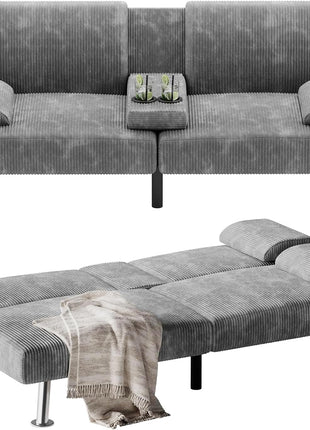 Modern Convertible Futon Sofa Bed with Recliner Lounge and Removable Armrests, Black PU Leather, Featuring Dual Cup Holders