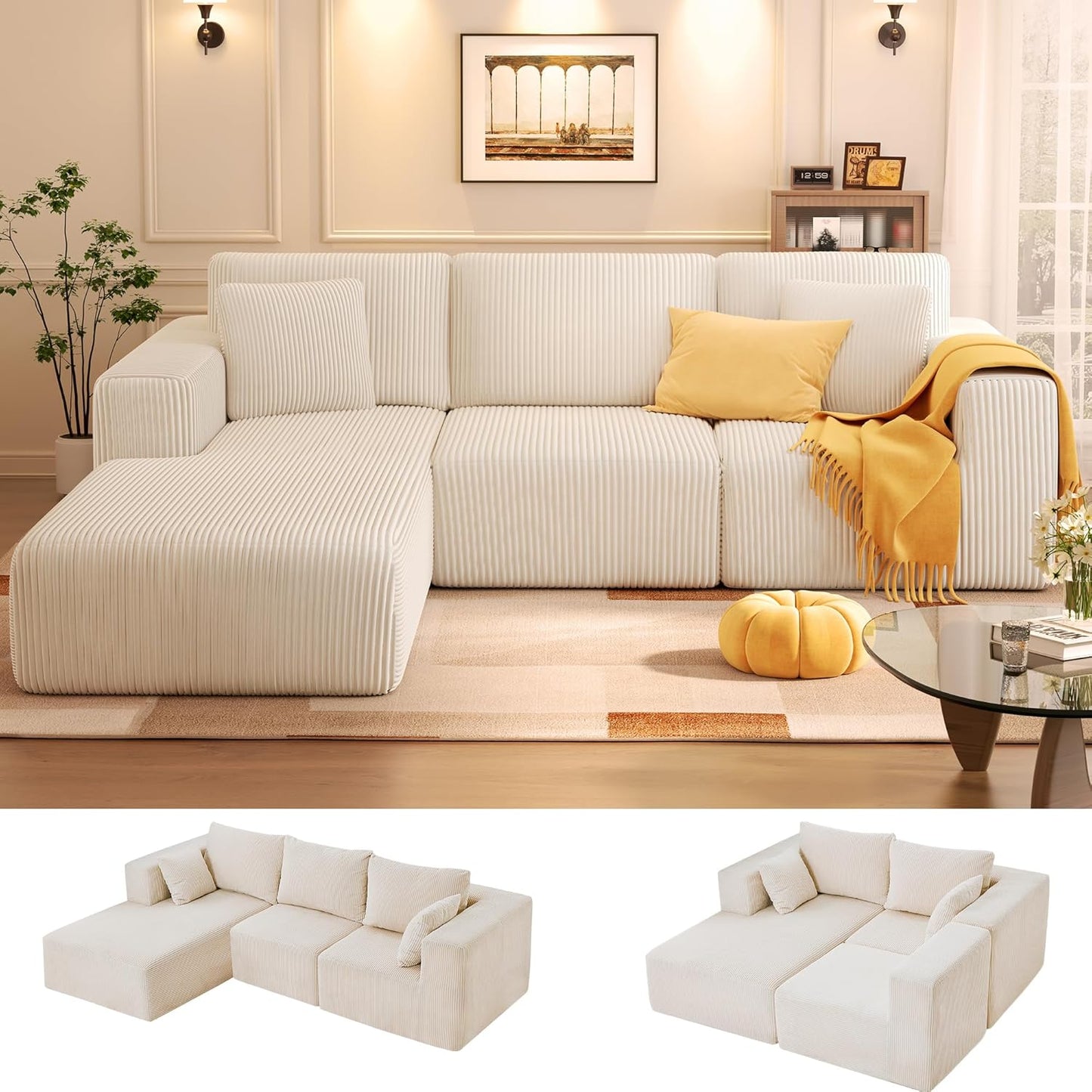 107'' Modular Sectional Sofa, L Shaped Cloud Couch for Living Room, Modern Boneless Sofa with Chaise for Bedroom, Beige