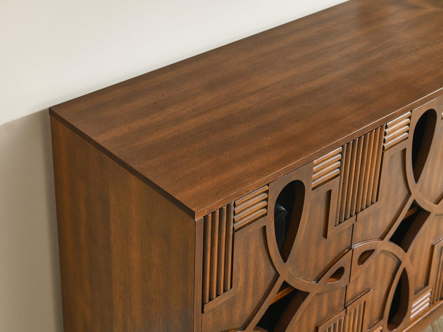 60" Mid Century Modern Sideboard Buffet with Hollow Carved Doors and Outlet Holes,Vintage Accent Cabinet Credenzas Storage Cabinet Walnut