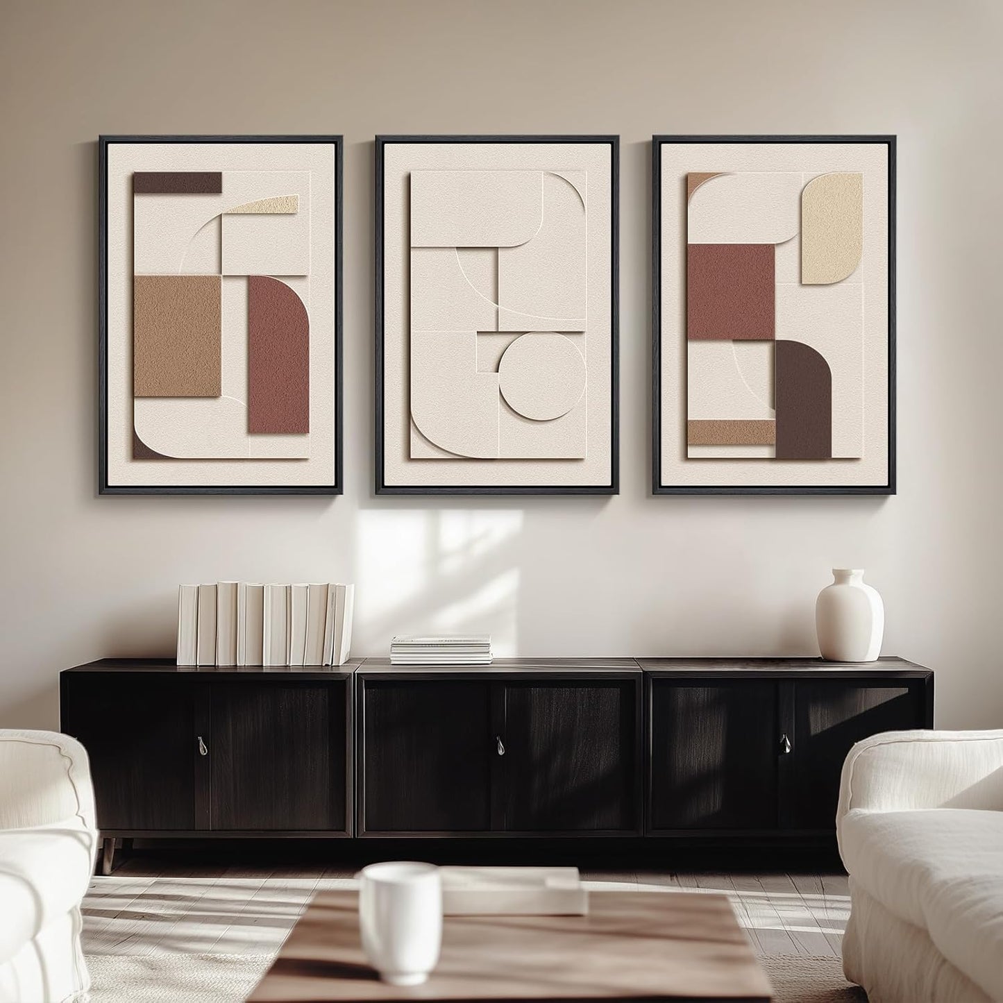 Framed Large 3D Textured Wall Art for Living Room, Brown and Tan Geometric Texture Artwork for Walls, 3 Piece Neutral Modern 3D Sandstone Art Painting for Hallway Office Kitchen Wall Decor, 24X36 Inch