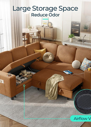 Convertible Sectional Sleeper Sofa with Pull-Out Bed, Plush Corduroy Upholstery, Storage Chaise & USB Charging – Ideal L-Shaped Modular Sofa for Living Room or Apartment in Elegant Brown