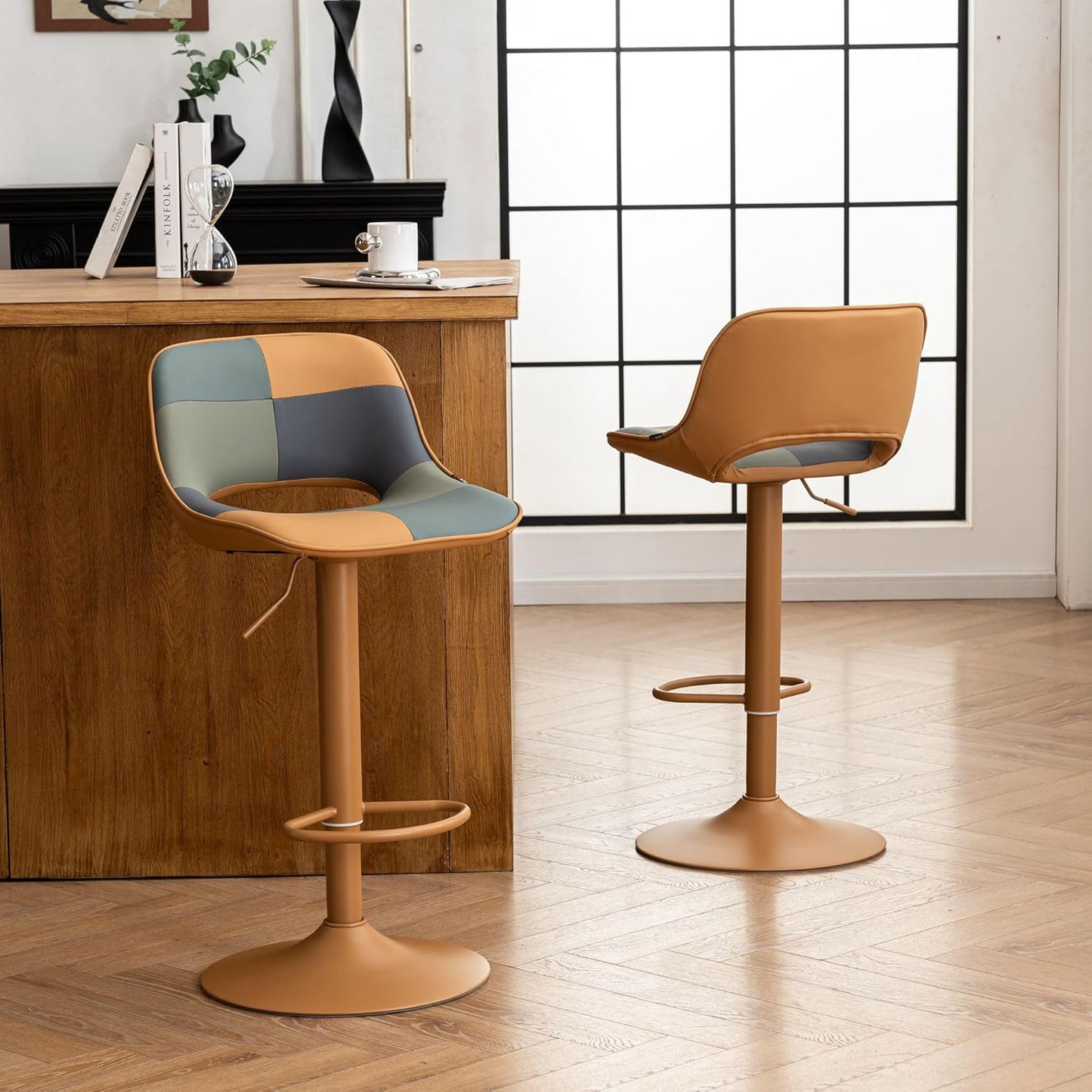 Bar Stools Set of 2, Boho Colorful Patchwork Barstools, Adjustable Swivel Counter Height Bar Stool Faux Leather Upholstered Barstool with Back, Compact Bar Chair for Kitchen Island, Tangreen