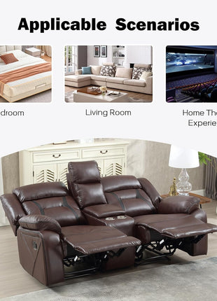 Faux Leather Dual Recliner Loveseat with Center Console, Hidden Storage, and Cup Holders - Dark Brown Sofa Chair for Living and Meeting Rooms