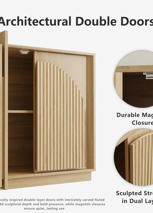 65-Inch Contemporary Fluted Sideboard Buffet Cabinet with Double-Layered Arch Doors, Oak Wood Accent Console for Living Room, Dining Room, Hallway, and Entryway