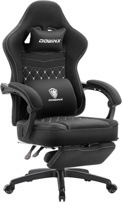 Gaming Chair with Footrest, Breathable Fabric Ergonomic Gamer Chair for Home Office, Extendable Long Leg Rest for Napping, Soft Seat with Lumbar Support, Gel Pad and Storage Bag, Black