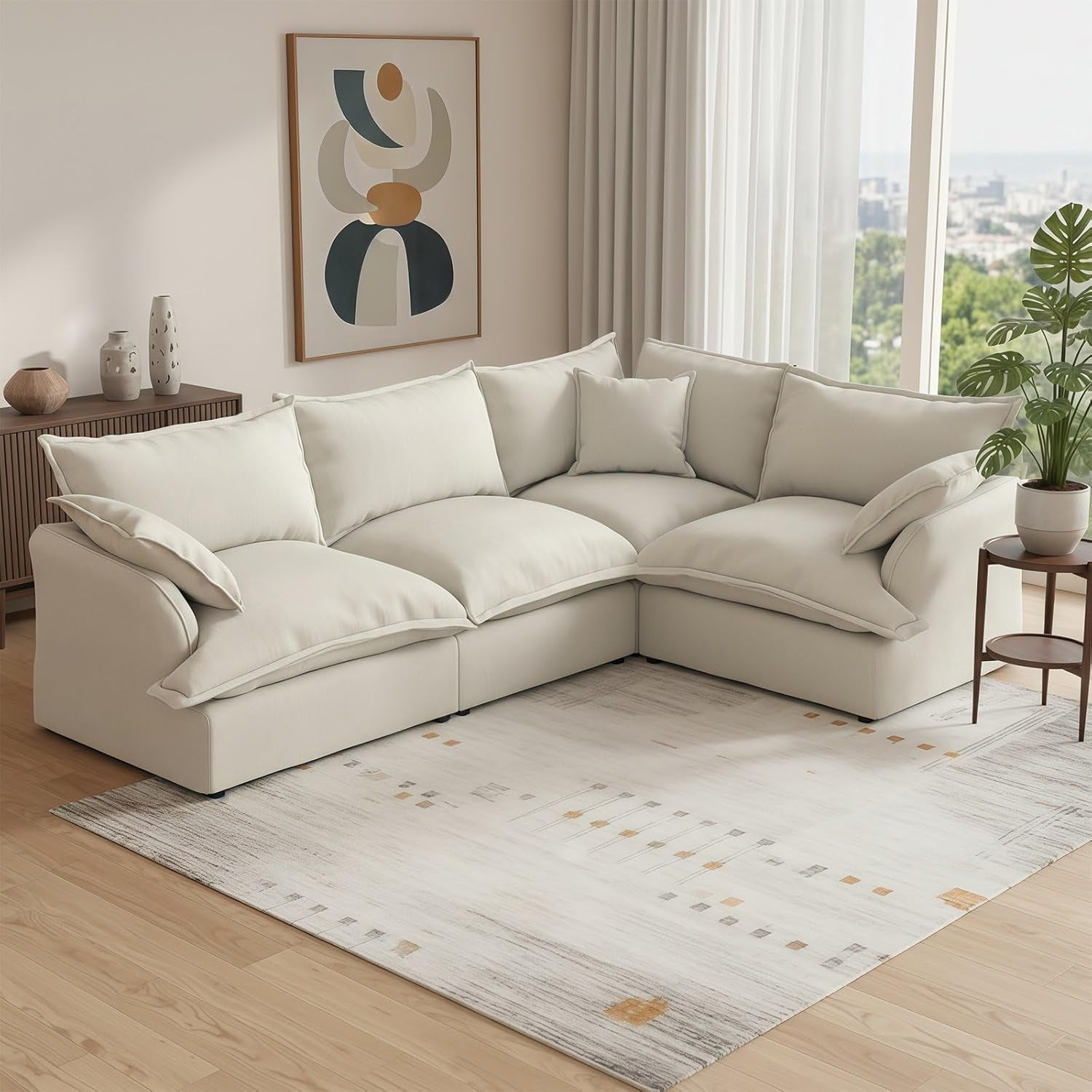 Cloud Sectional Sofa,4-Seater Deep Seat Modular Couch,Down Filled Convertible Living Room Sets Sofa,Corner Sofa Covers Washable & Replaceable,Cream White
